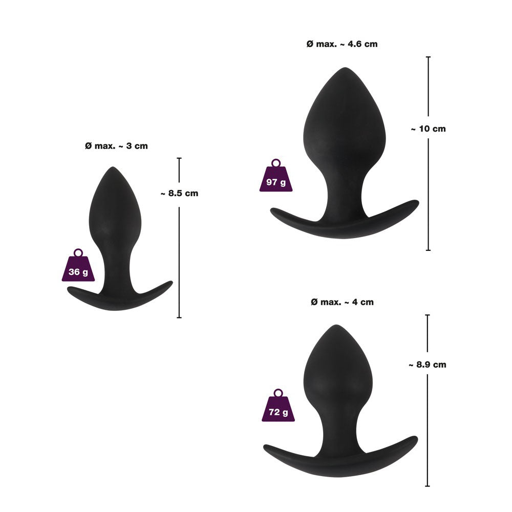 Black Velvet Silicone Three Piece Anal Training Set 3-3.75" - Soft Touch Cone Shape Extra-Large Base