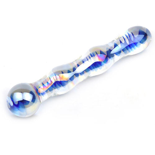 Blue Wavy Glass Dildo 7" - Temperature Play Velvet Pouch Pattern