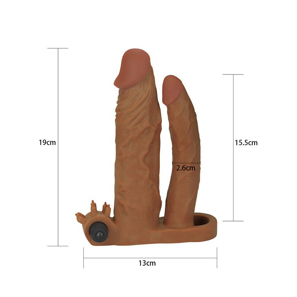 Lovetoy 2 Inch Vibrating Double Pleasure Extender 7.8" Flesh Brown - 40% Thicker Ball Strap Anal Dildo