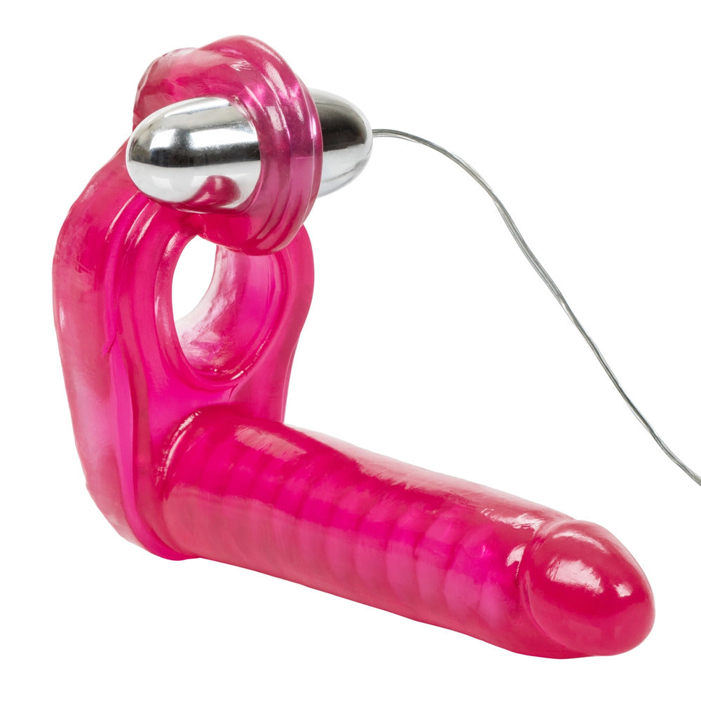 Ultimate Triple Stimulator Vibrating Cock Ring With Dong 6" Pink - DP Multi-Speed Bullet 2 x AA
