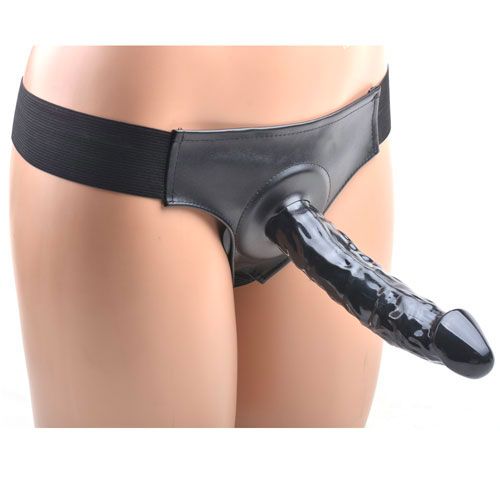 Black Hollow Strap On With Harness 8" - Veined Shaft Elasticated Unisex