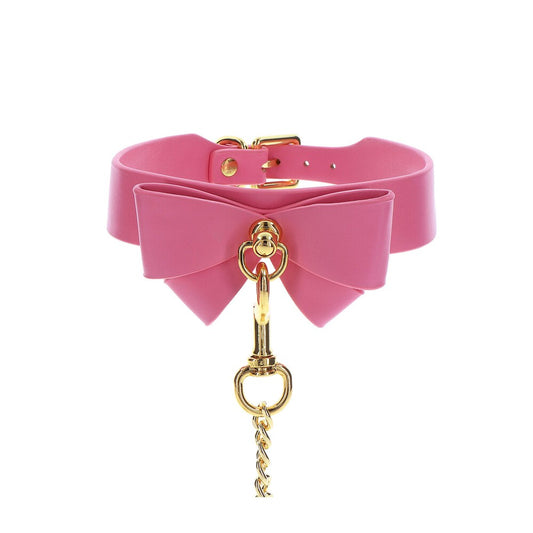 Taboom Malibu Bow Collar and Leash Pink 48cm - Cute Bow Gold-Plated Vegan PU Leather
