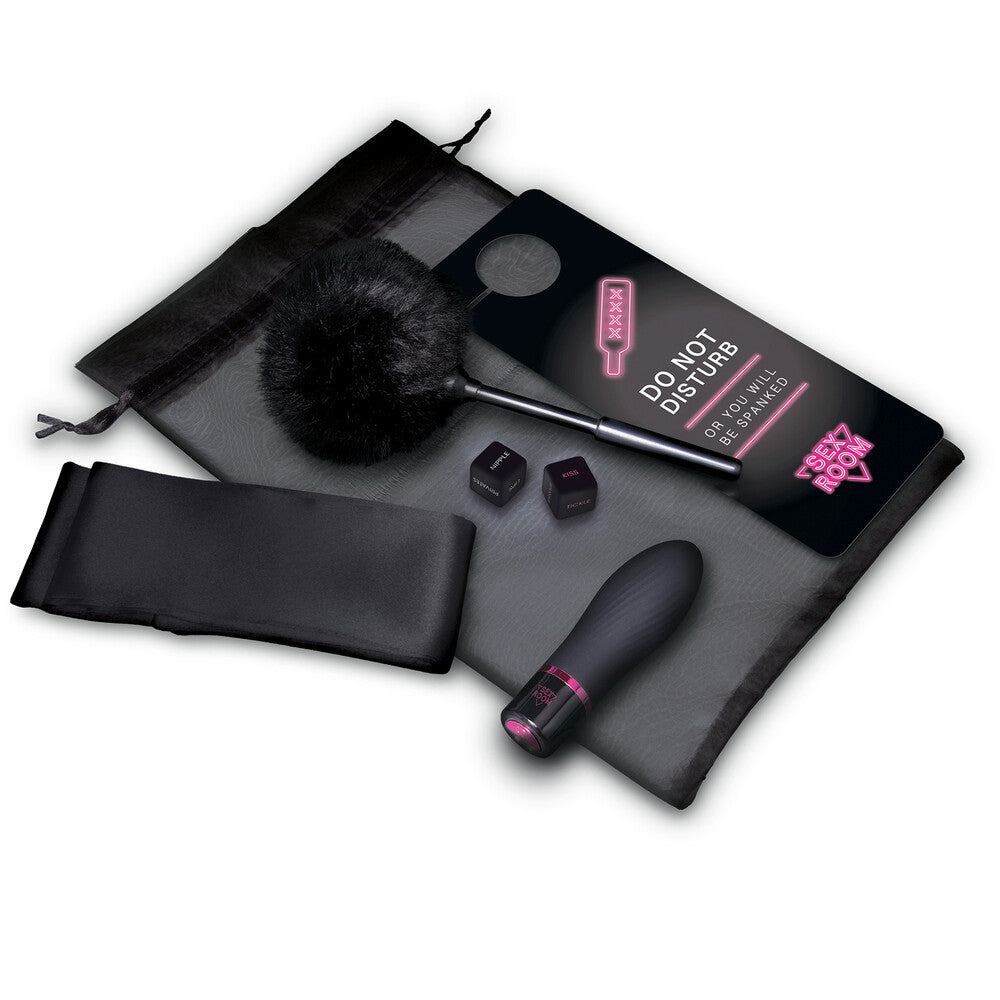 Sex Room Vibe Kit Black - 10 Modes USB Rechargeable Dice Feather Blindfold Tickler Sensory Play