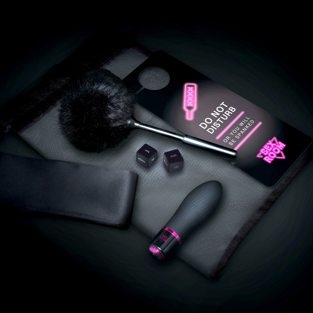 Sex Room Vibe Kit Black - 10 Modes USB Rechargeable Dice Feather Blindfold Tickler Sensory Play