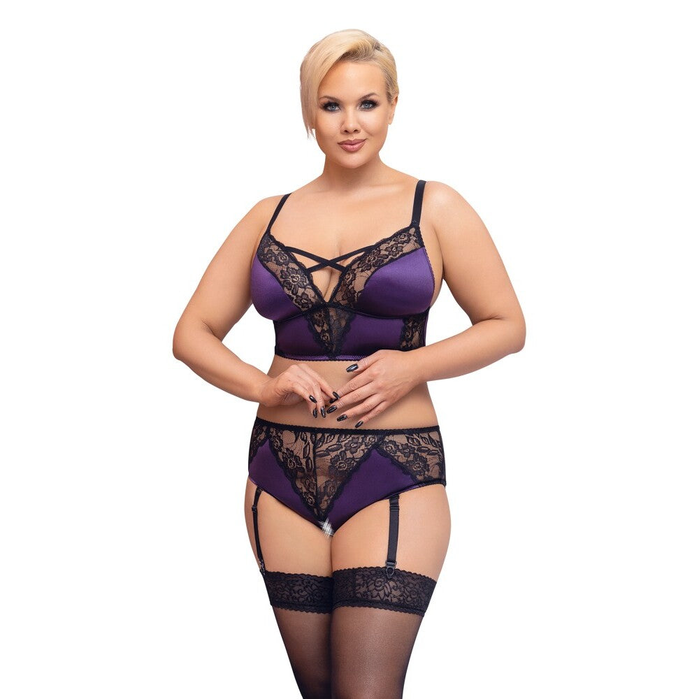 Purple Satin and Lace Bralette Suspender Set - Curvy Suspender
