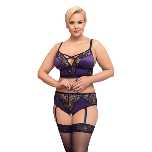Purple Satin and Lace Bralette Suspender Set - Curvy Suspender