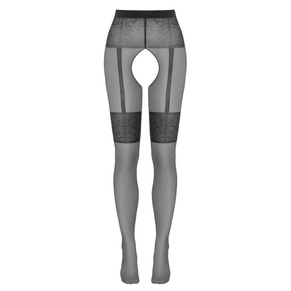 Black Crotchless Tights with Woven Suspender Belt - Suspender Tights