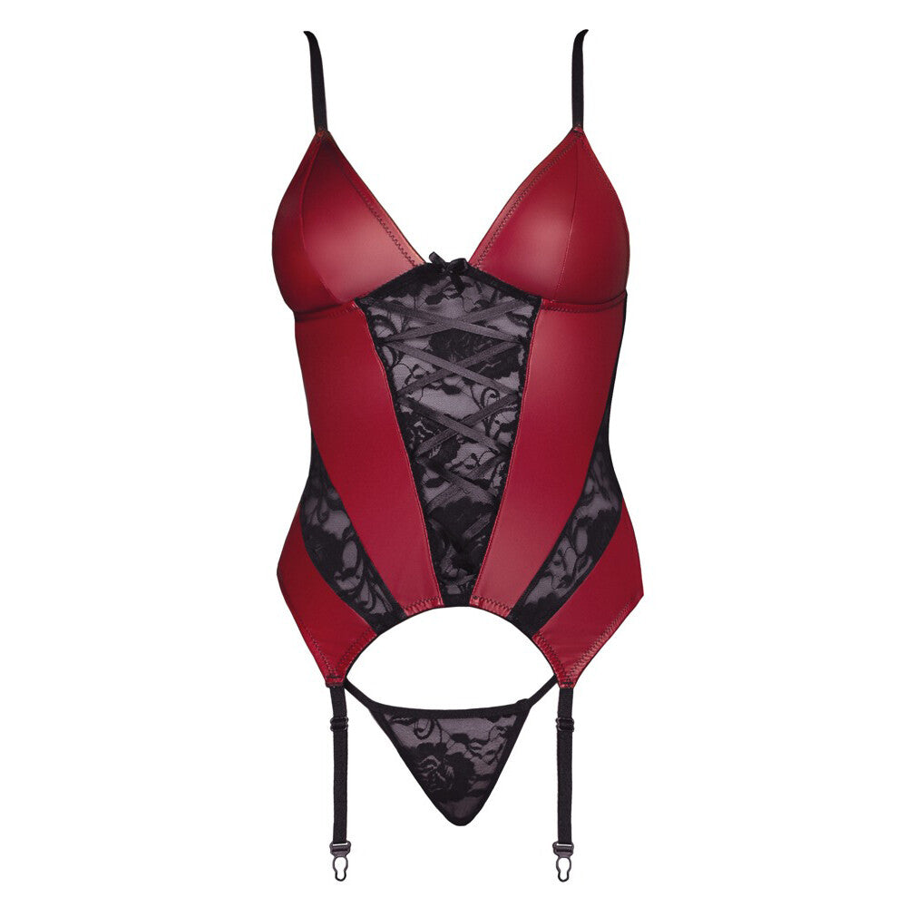Red Lace and Powernet Basque with String - Crimson Seduction