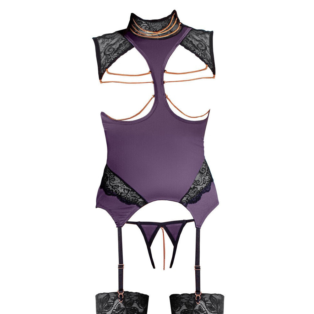 Purple Basque and Crotchless Set with Rose-Gold Chains - Royal Devotion
