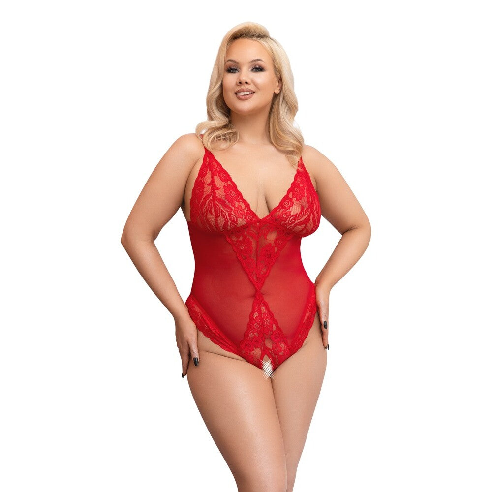 Red Power net Crotchless Body with Lace - Curvy Crimson