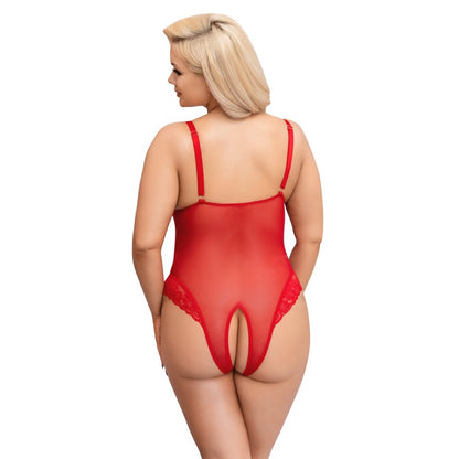 Red Power net Crotchless Body with Lace - Curvy Crimson