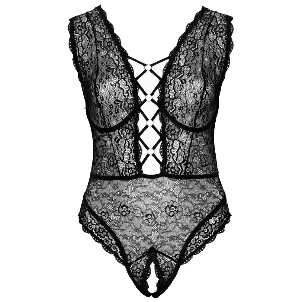 Black Lace Crotchless Body with Underwire - Curvy Lace