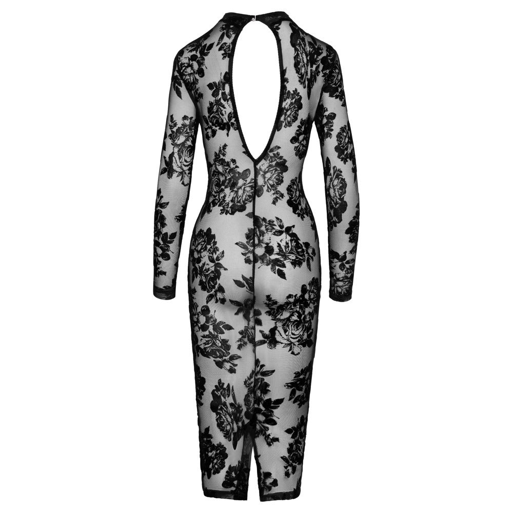 Black Floral Velvet Flock Transparent Long Sleeve Dress - Noir Transparency
