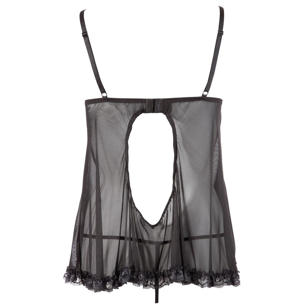 Black Open Cup Babydoll with Ruffled Lace and String - Midnight Seduction