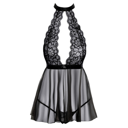 Black Lace Halterneck Backless Babydoll with String - Kissable Elegance