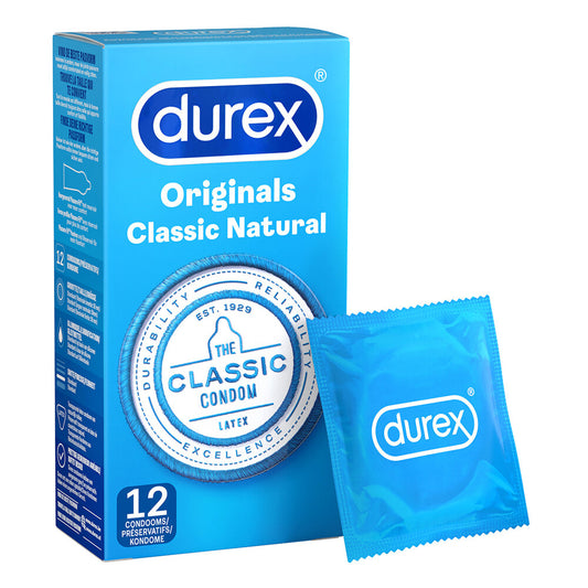 Durex Originals Classic Natural Condoms 12 Pack - 56mm Transparent Latex Pleasure-Fit Reservoir