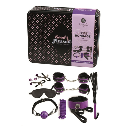 Secret Bondage Kit Black And Purple Collection - Vegan Leather 10m Rope Whip Cuffs Nipple Clamps Ball Gag Blindfold Collar Storage Tin