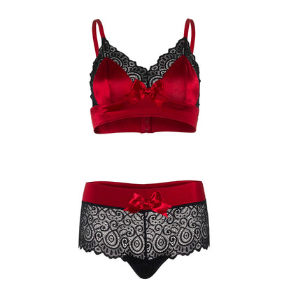 Red Satin Spandex Lace-Trimmed Bralette and Boyshorts - Crimson Comfort