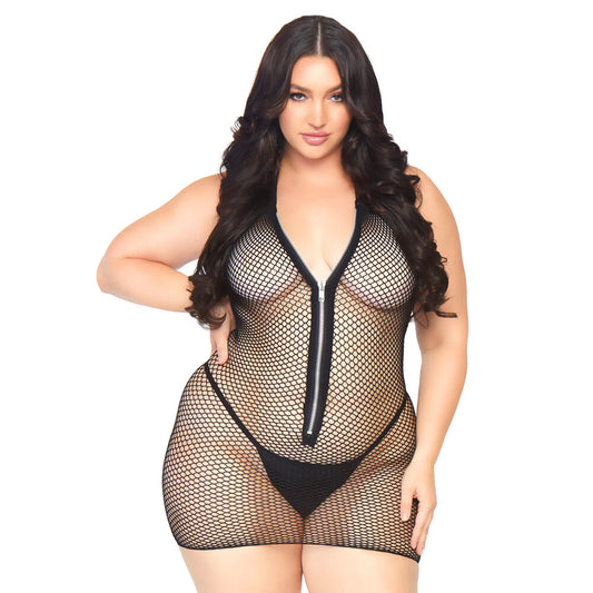 Black Fishnet Zip-Up Halter Mini Dress UK 18-22 - Curvy Fishnet
