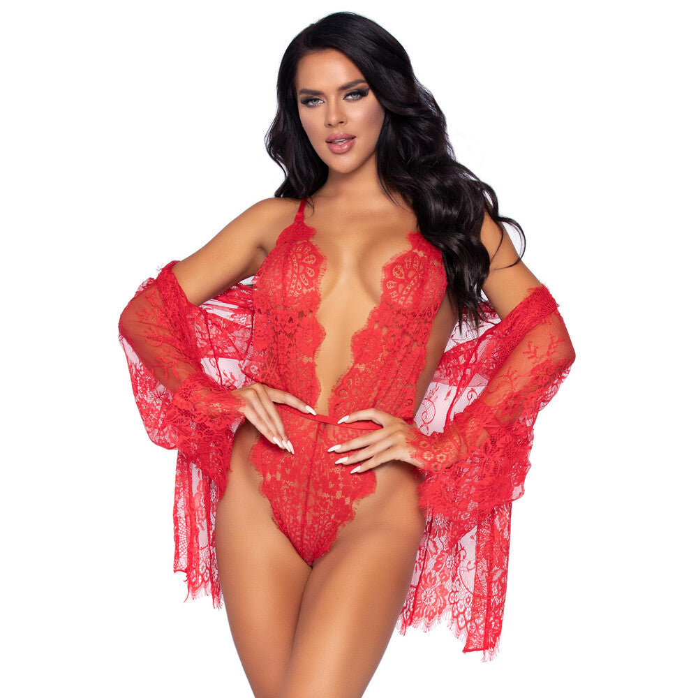 Red Floral Lace Teddy, Matching Robe and Satin Tie 3-Piece Set - Crimson Garden