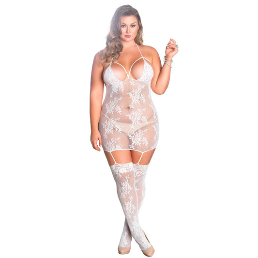 White Lace Strappy Suspender Dress with Stockings UK 16-18 - Curvy Cage