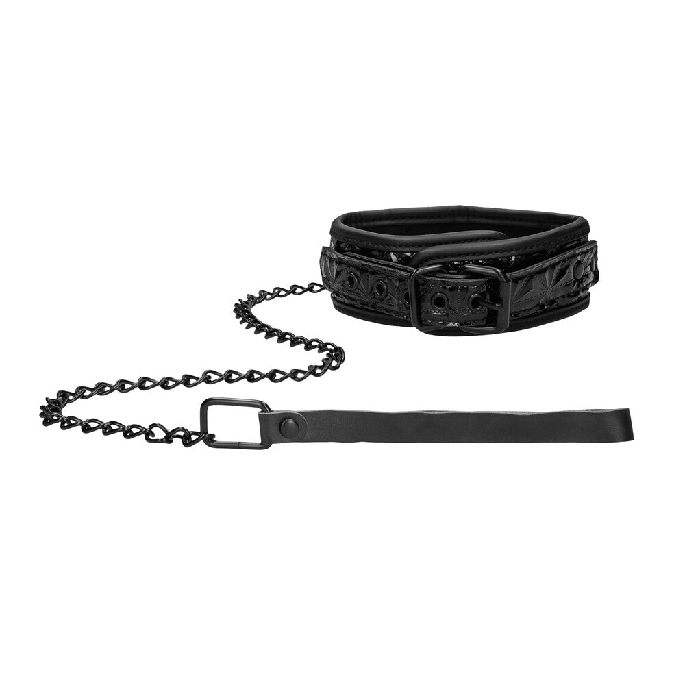 Ouch Luxury Collar With Leash Black 52.5cm - Diamond Pattern Neoprene 98.5cm Chain