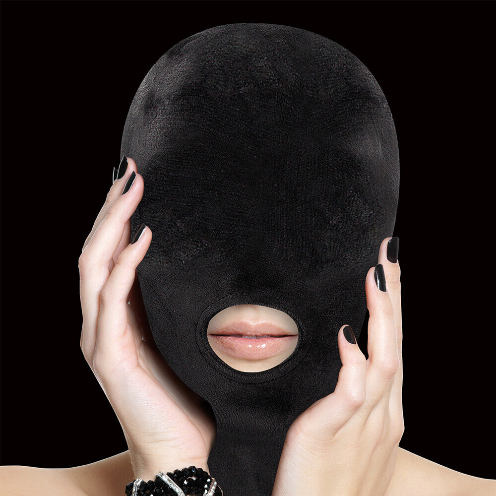 Ouch Velvet Mask With Mouth Opening Black - Stretchy Gimp Hood Devotion