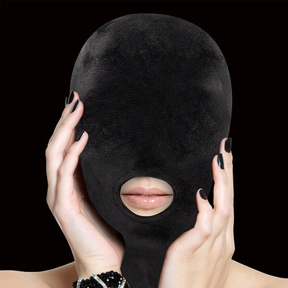 Ouch Velvet Mask With Mouth Opening Black - Stretchy Gimp Hood Devotion