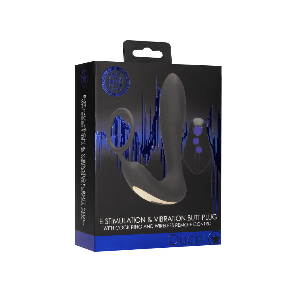 Ouch E Stimulation And Vibration Butt Plug And Cock Ring 5.7" Black - Remote USB Prostate Shocking