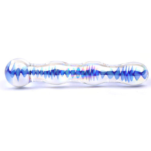 Blue Wavy Glass Dildo 7" - Temperature Play Velvet Pouch Pattern