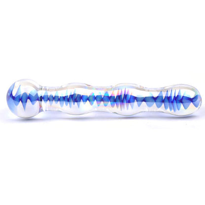 Blue Wavy Glass Dildo 7" - Temperature Play Velvet Pouch Pattern