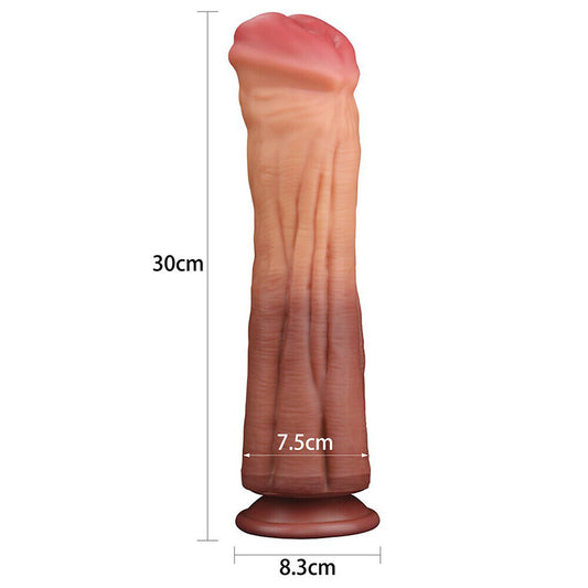 Lovetoy 12 Inch Dual Layered Silicone Horse Cock Flesh Pink - King-Sized Suction Base Veined Platinum