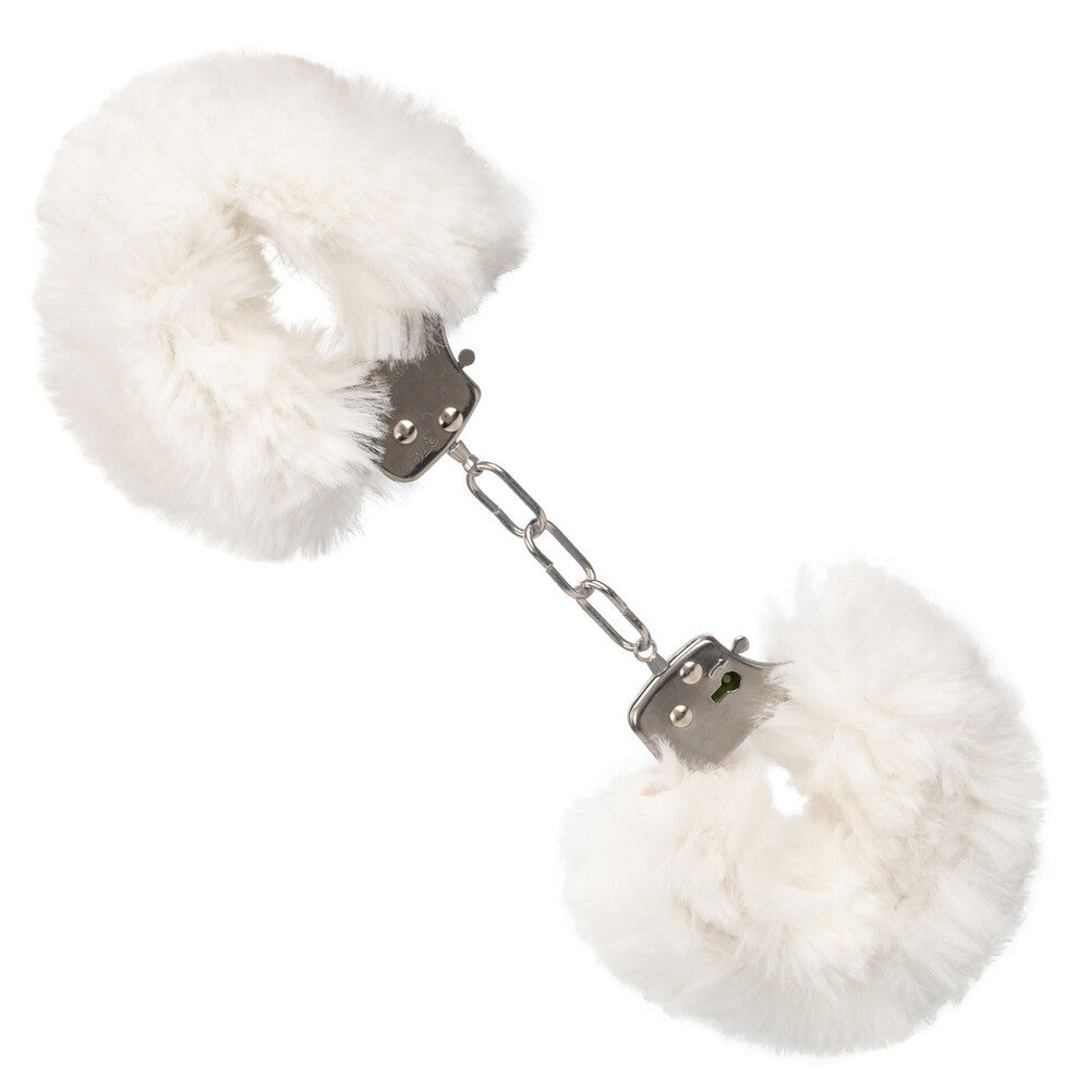 Ultra Fluffy Furry Cuffs White - Faux Fur Metal Lockable 2 Keys Safety Release