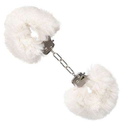 Ultra Fluffy Furry Cuffs White - Faux Fur Metal Lockable 2 Keys Safety Release