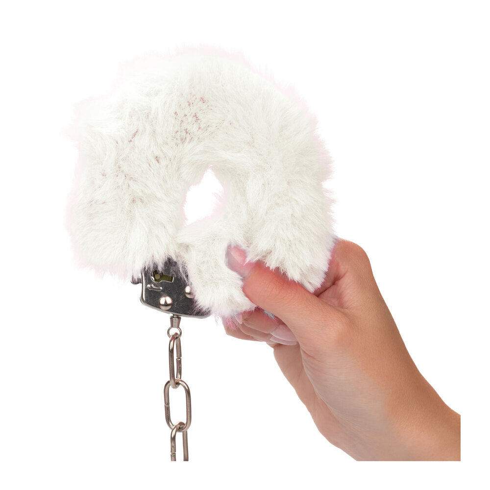 Ultra Fluffy Furry Cuffs White - Faux Fur Metal Lockable 2 Keys Safety Release