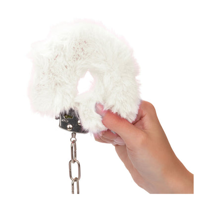 Ultra Fluffy Furry Cuffs White - Faux Fur Metal Lockable 2 Keys Safety Release