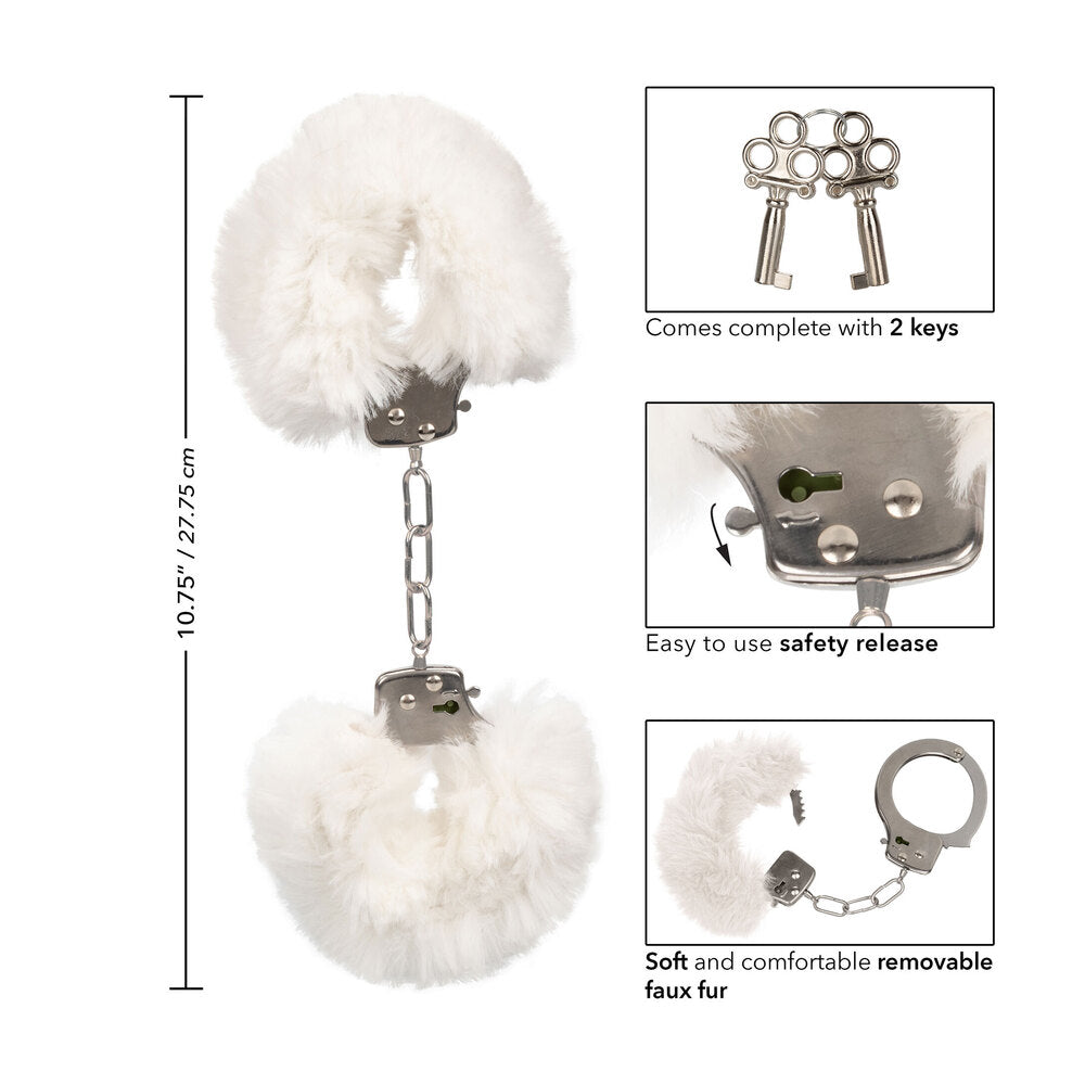 Ultra Fluffy Furry Cuffs White - Faux Fur Metal Lockable 2 Keys Safety Release