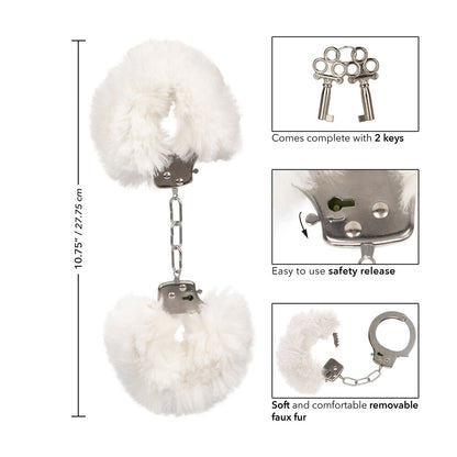 Ultra Fluffy Furry Cuffs White - Faux Fur Metal Lockable 2 Keys Safety Release