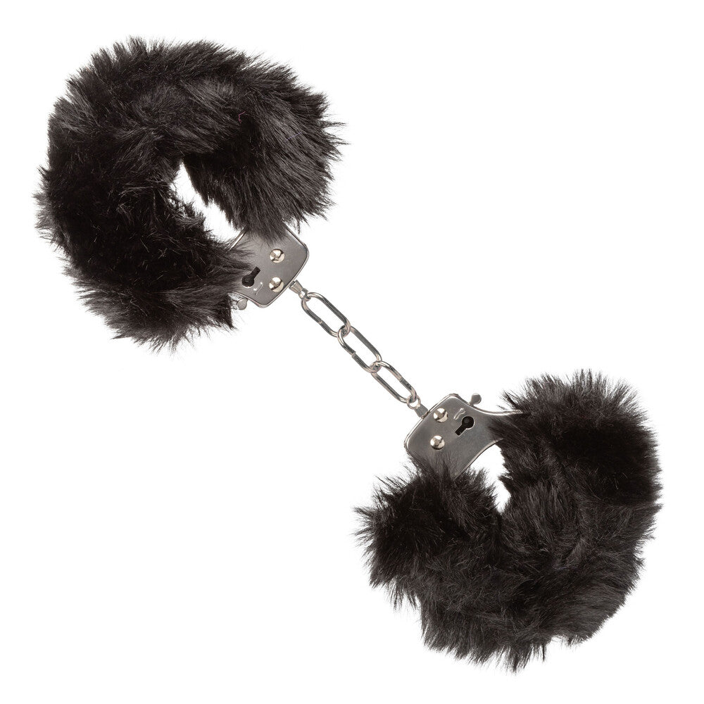 Ultra Fluffy Furry Cuffs Black - Faux Fur Metal Lockable 2 Keys Safety Release