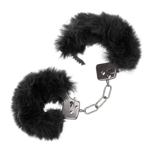 Ultra Fluffy Furry Cuffs Black - Faux Fur Metal Lockable 2 Keys Safety Release