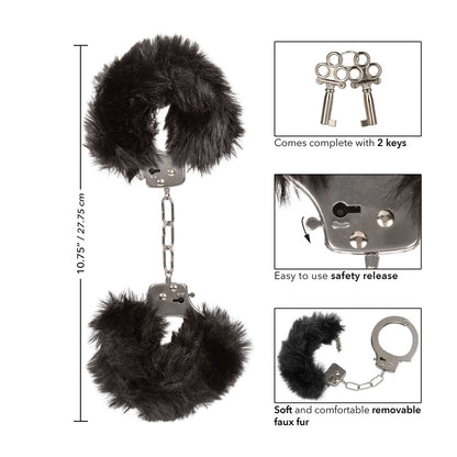 Ultra Fluffy Furry Cuffs Black - Faux Fur Metal Lockable 2 Keys Safety Release