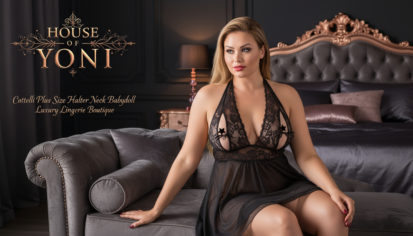 Cottelli Plus Size Halter Neck Babydoll Black Lifestyle Banner with House of Yoni Logo - 16:9