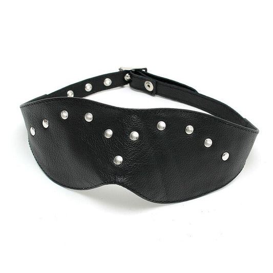 Leather Blindfold Mask Black - Rivet Decorated Adjustable Buckle Sensory
